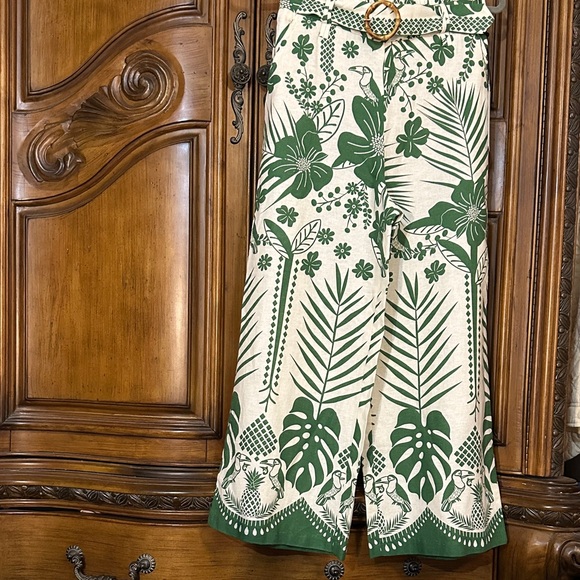 Maison d’ Amelie Paris Pants - NEW Linen Blend Macaw Elegance Green Cream Leafy Tropical Print Wide Leg Pants S